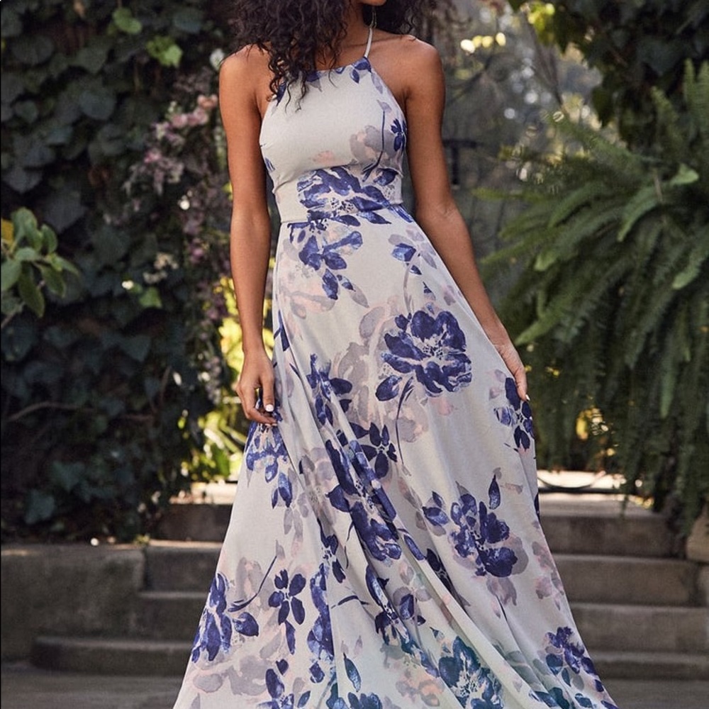Lulu’s Grey Floral Print Lace Up Halter Maxi Dress